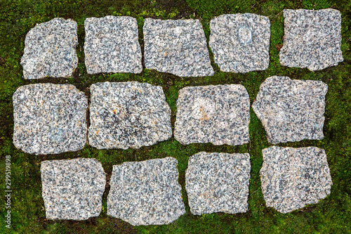 Granite paving stones on a green field