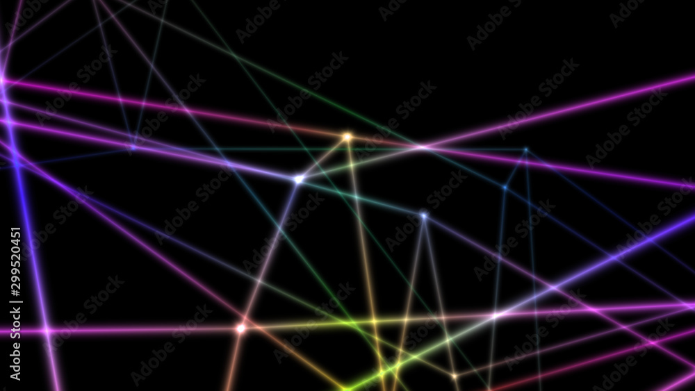 computer abstraction, color lines broken at nodes on a dark background, 3D model