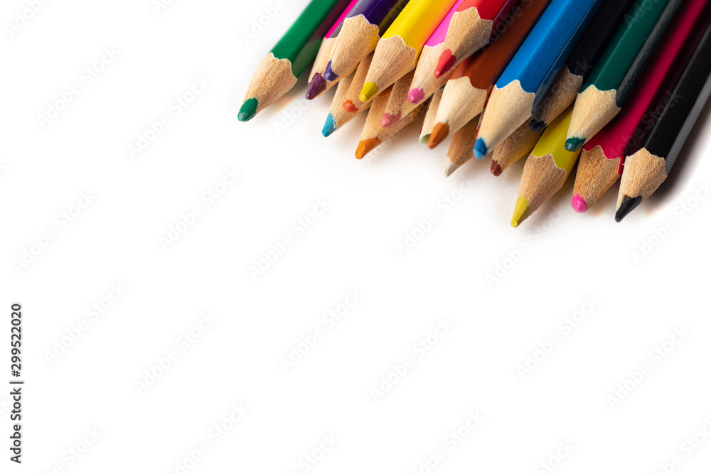 many color pencils isolated on white background. design layout. Blank space for text many color pencils isolated on white background. design layout. Blank space for text