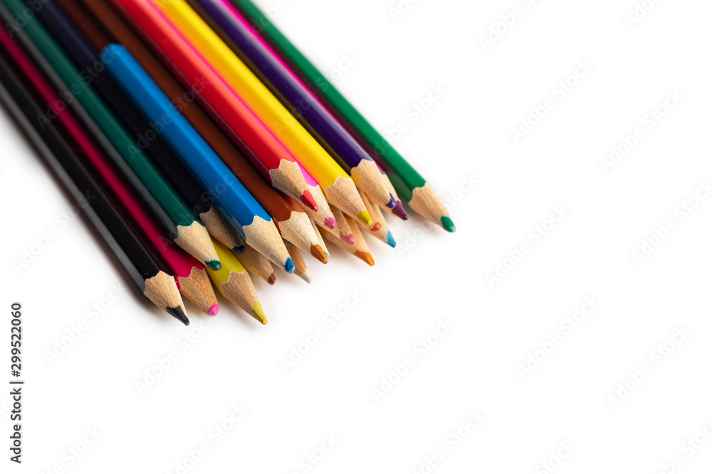 many color pencils isolated on white background. design layout. Blank space for text many color pencils isolated on white background. design layout. Blank space for text