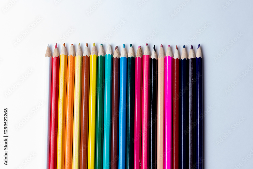 many color pencils isolated on white background. design layout. Blank space for text many color pencils isolated on white background. design layout. Blank space for text