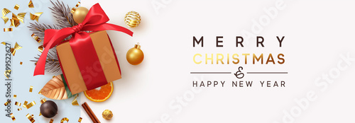 Merry Christmas and Happy New Year. Background with realistic festive gifts box. Xmas present. brown boxes with red ribbon gift surprise, Golden Christmas baubles, balls, glitter gold confetti.