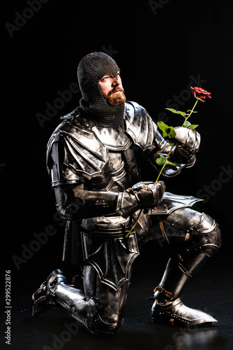 handsome knight in armor holding rose and bend knee on black background