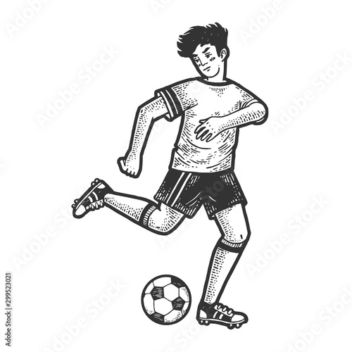Soccer player with ball sketch engraving vector illustration. T-shirt apparel print design. Scratch board imitation. Black and white hand drawn image.