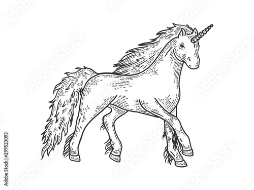 Unicorn mythical magical animal sketch engraving vector illustration. T-shirt apparel print design. Scratch board style imitation. Black and white hand drawn image.