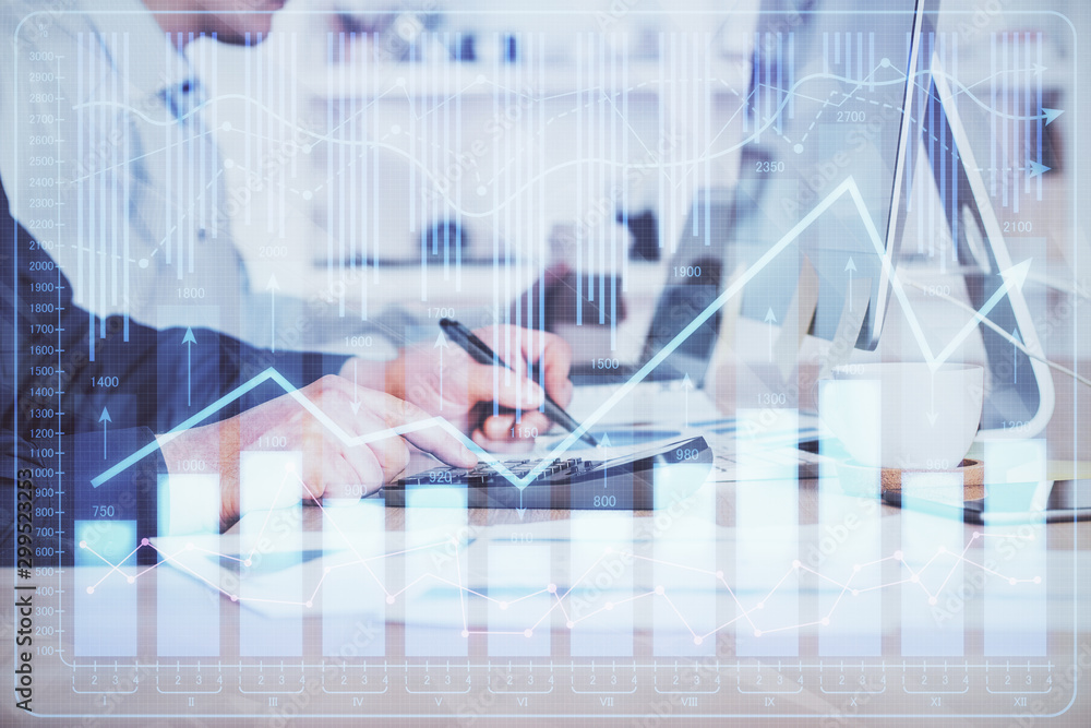 Forex graph with businessman working on computer in office on background. Concept of hardworking. Closeup. Multi exposure. Forex graph with businessman working on computer in office on background. Concept of hardworking. Closeup. Multi exposure.