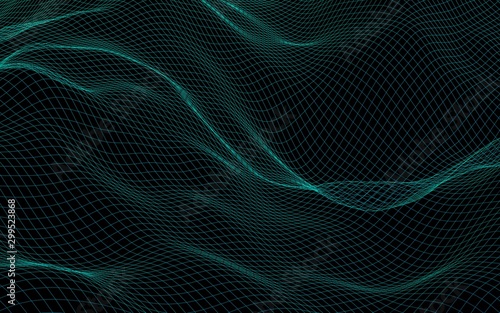 Abstract landscape background. Green cyberspace grid. hi tech network. 3D illustration