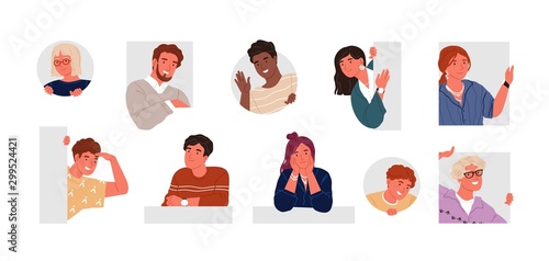 Cheerful, curious, happy people flat vector illustration set. Men and women peeping, staring, smiling cartoon characters collection. Male and female portraits bundle. Adorable guys and girls pack.