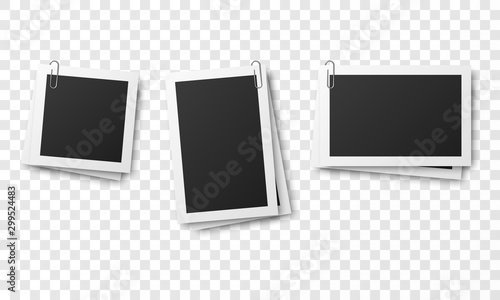 Set of vintage photo frames attached with paper clips isolated on transparent background.