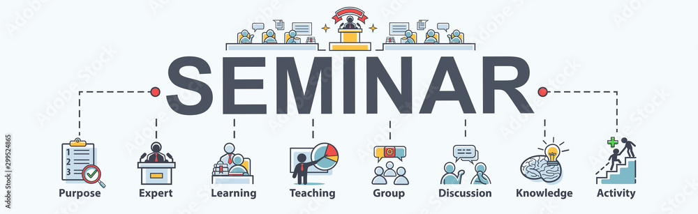 Seminar banner web icon for business and Training, coach, teaching, learning, group, knowledge, activity, discussion and purpose. Minimal vector infographic. Seminar banner web icon for business and Training, coach, teaching, learning, group, knowledge, activity, discussion and purpose. Minimal vector infographic.