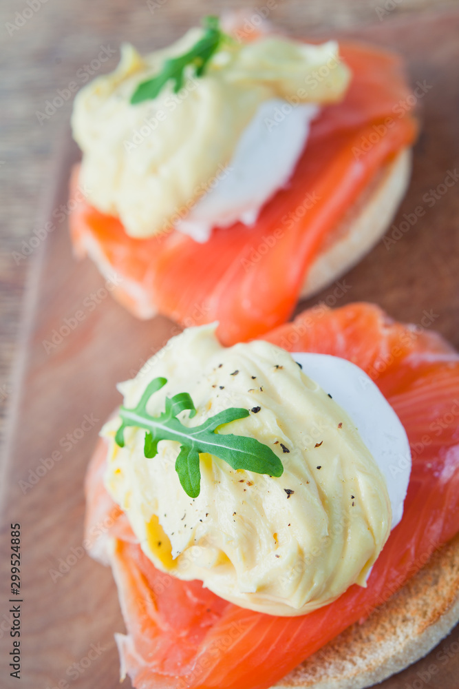 Eggs Benedict with Smoked Salmon on English Muffin . Eggs Benedict with Smoked Salmon on English Muffin .
