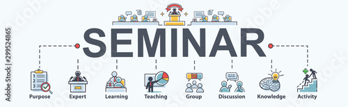 Seminar banner web icon for business and Training, coach, teaching, learning, group, knowledge, activity, discussion and purpose. Minimal vector infographic.