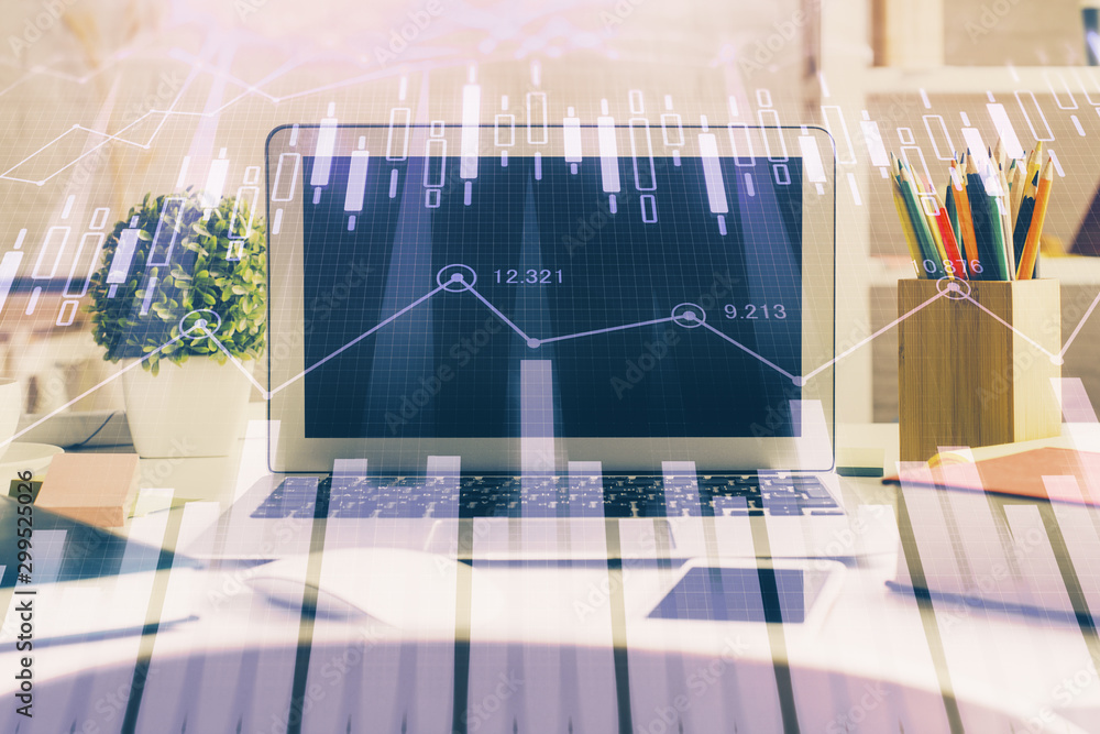 Naklejka premium Financial market graph hologram and personal computer on background. Multi exposure. Concept of forex.