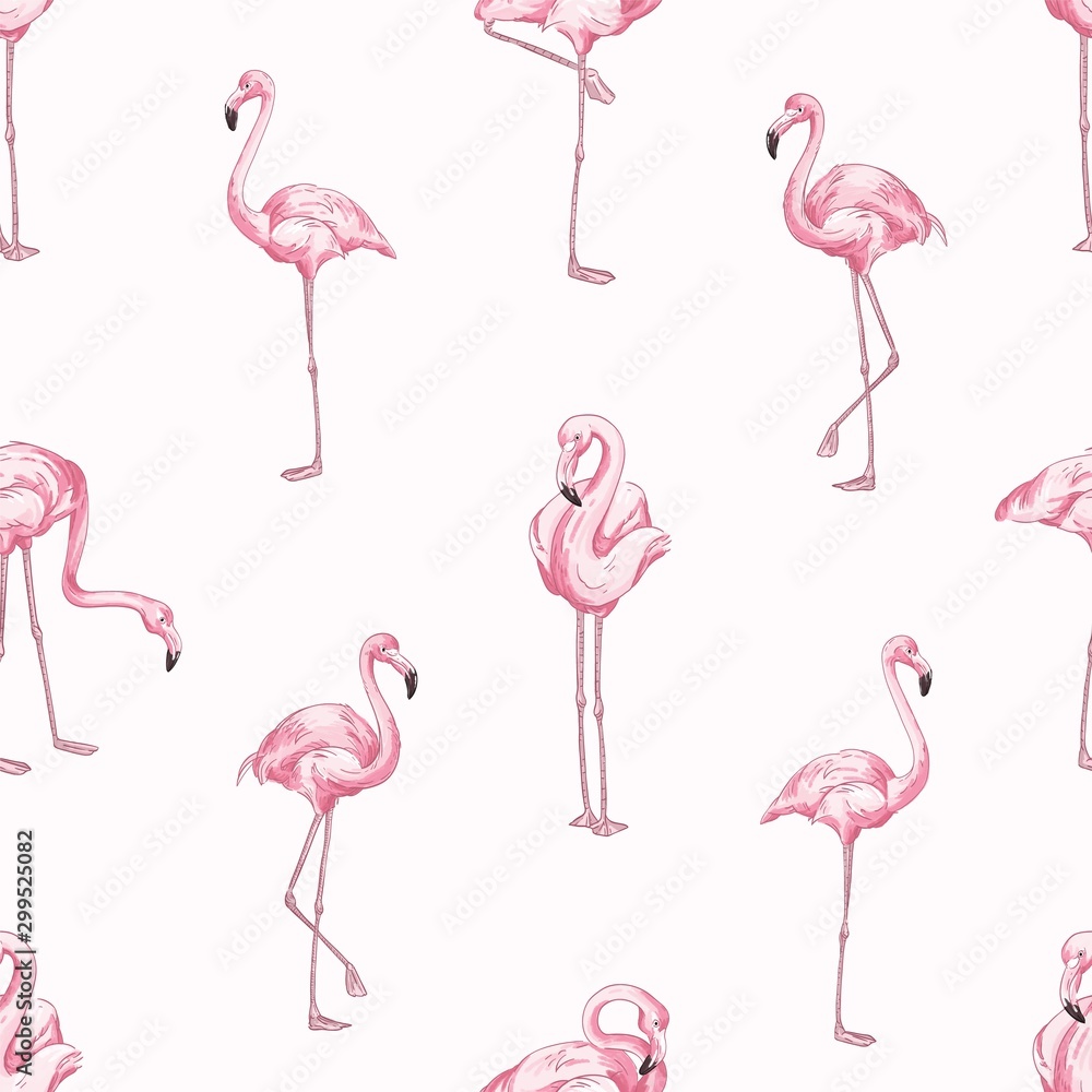 Fototapeta premium Różowe flamingi wektor wzór. Piękne tropikalne ptaki tło. Jasna tekstura mieszkańców zoo. Egzotyczne tło fauny dżungli. Kreatywne tapety, tekstylia, papier do pakowania.
