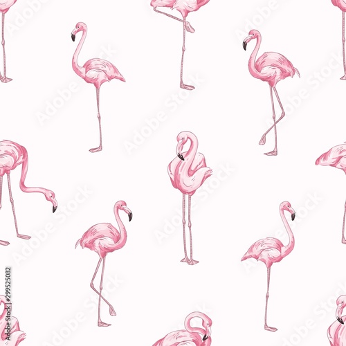 Pink flamingos vector seamless pattern. Beautiful tropical birds background. Bright zoo inhabitants texture. Exotic jungle fauna backdrop. Creative wallpaper, textile, wrapping paper design.