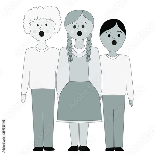 Children's choir . Lesson of choral singing in children. Children sing all together.
