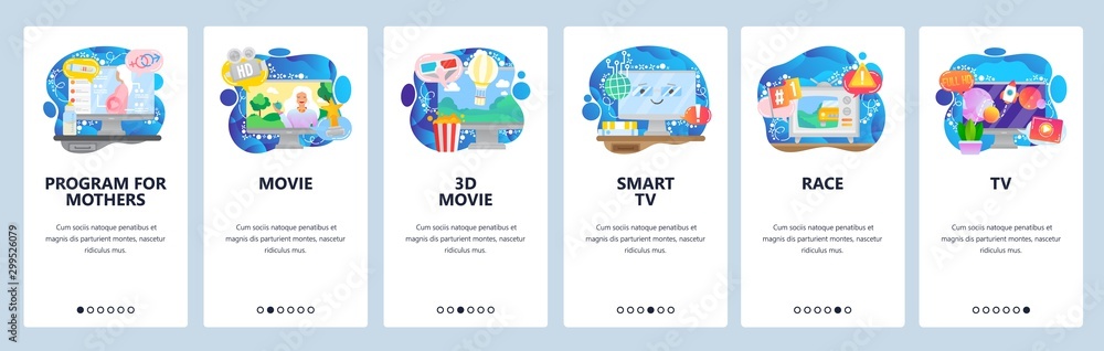 Mobile app onboarding screens. Television show, TV set, sport news, 3d movies and cinema. Menu vector banner template for website and mobile development. Web site design flat illustration