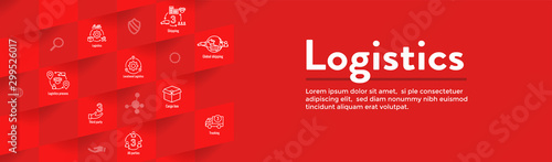 Logistics icon set and web header banner with buildings, trucking, people and shipping box