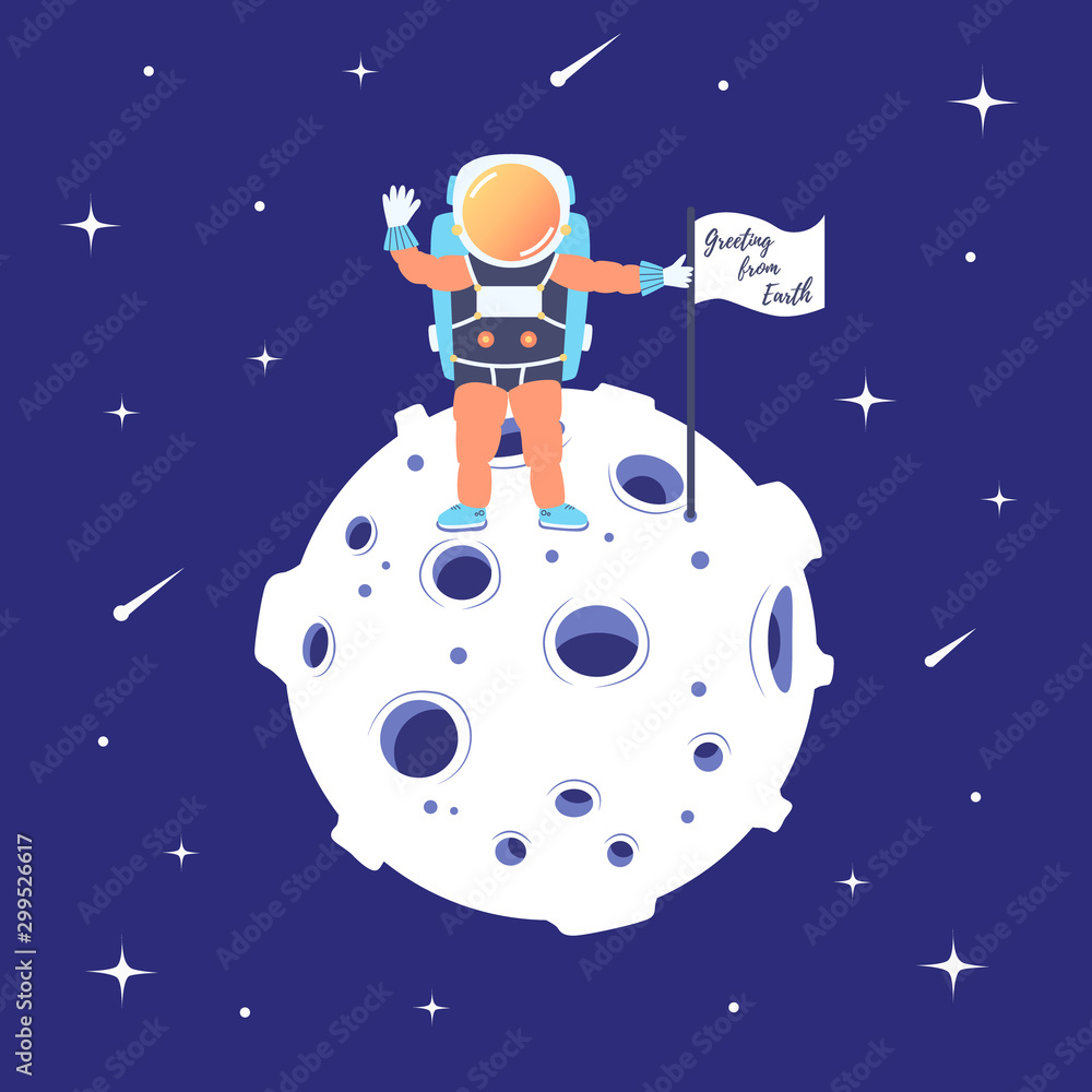 Fototapeta premium Astronaut stands on the moon with a flag. Landing on the satellite. Lunar mission. Space excursion. Star space. Vector