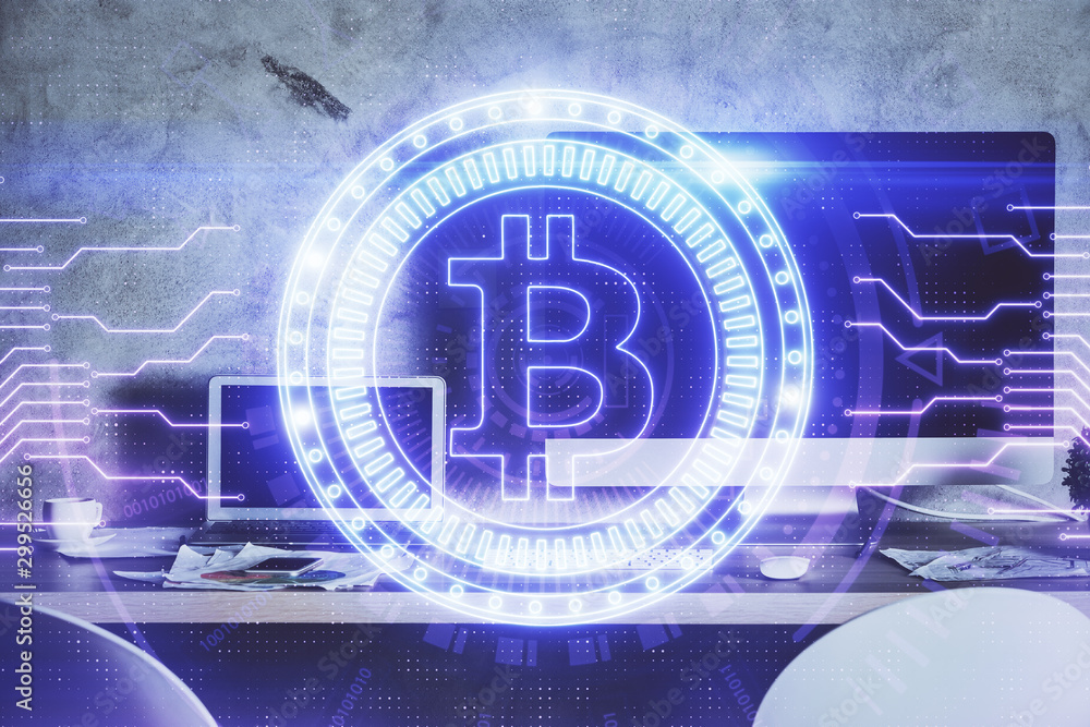 Multi exposure of blockchain theme hologram and table with computer background. Concept of bitcoin crypto currency. Multi exposure of blockchain theme hologram and table with computer background. Concept of bitcoin crypto currency.