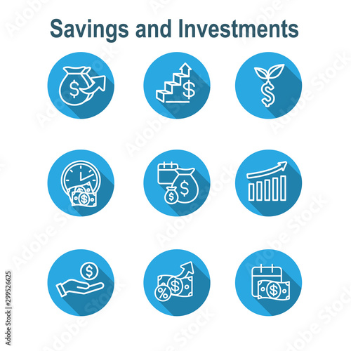 Banking, Investments and Growth Icon Set with Dollar Symbols, etc