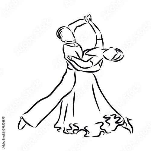 dancers waltz sketch, contour vector illustration 