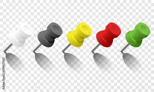 Set of various colored push pins isolated on transparent background.