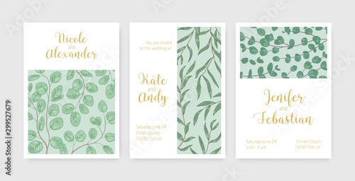 Wedding floral invitation vector templates set. Eucalyptus branches on save date cards, festive postcards designs pack. Marriage party invitation. Tree twigs illustrations with typography. © Good Studio