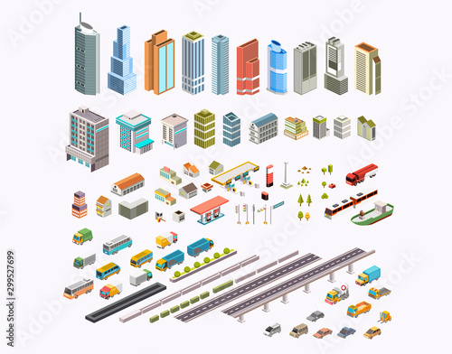 set isometric city building, transportation, houses and public area vector illustration