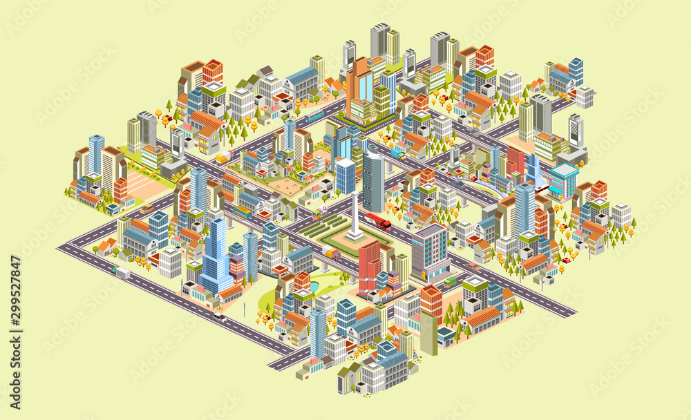 set of isometric 3D cityscape with buildings, street, housesand many more. 3D design illustration vector - obrazy, fototapety, plakaty 