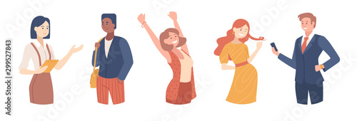 Set of confident people illustrations . Girl celebrating victory, Busineswoman, Flirting man and Smiling girl. College students, Office workers, young team cartoon characters. Vector illustration.