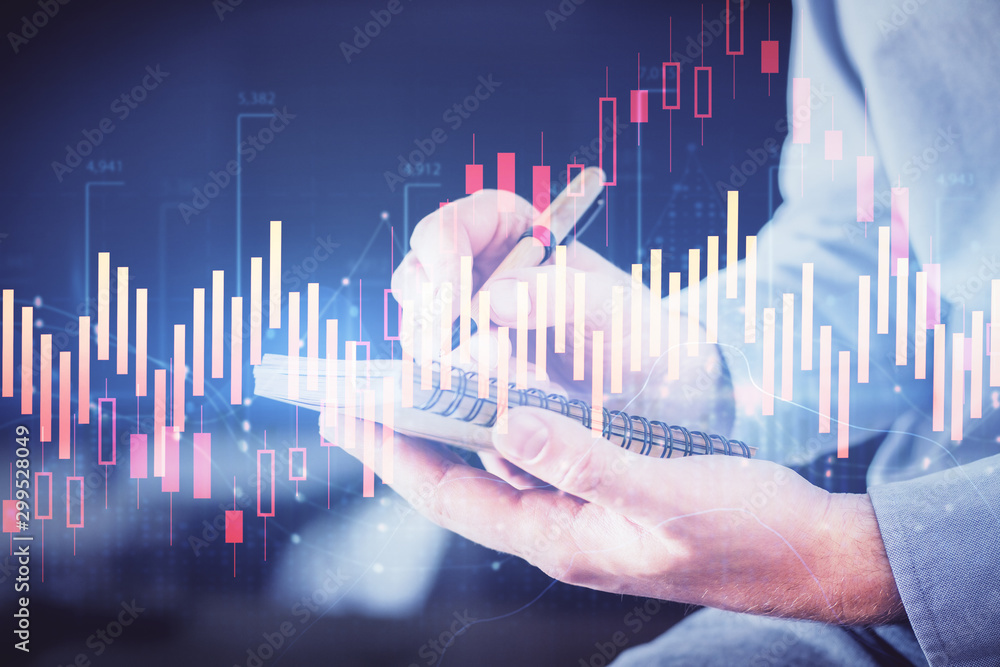 Double exposure hands with stock market chart. Double exposure hands with stock market chart.