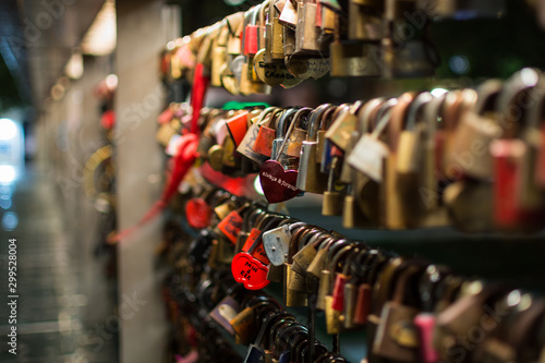 Love locks Butcher’s Bridge low angle at night. Lock your eternal love in Ljubljana, Slovenia