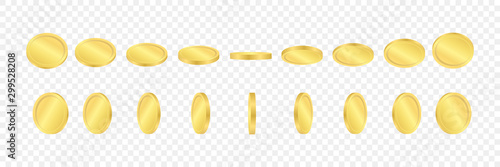 3d golden coins on a transparent background. Сoins in different positions. Vector illustration.