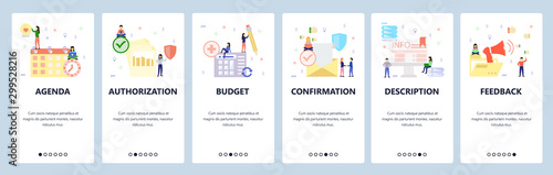 Mobile app onboarding screens. Business calendar, email confirmation, feedback, promotion. Menu vector banner template for website and mobile development. Web site design flat illustration