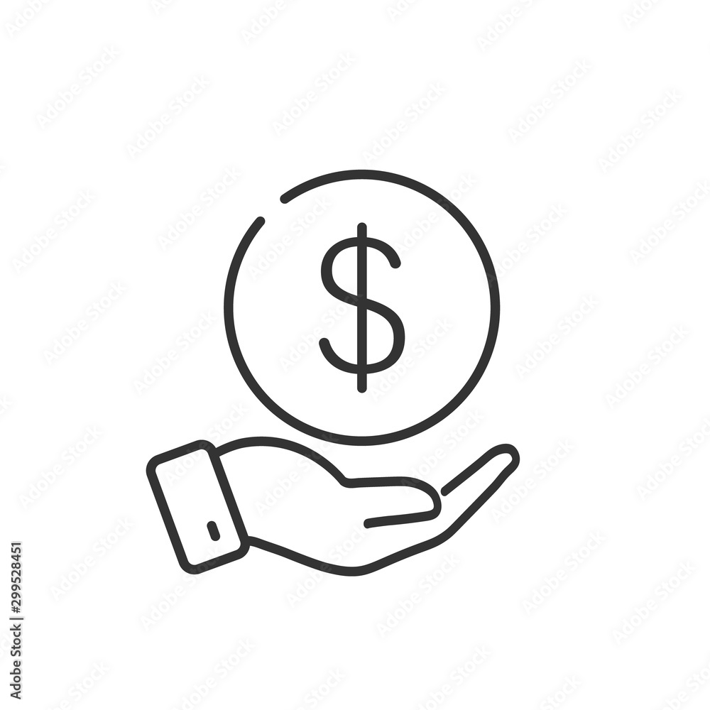 Dollar in hands line icon. Dollar coin. Vector sign. Dollar in hands line icon. Dollar coin. Vector sign.