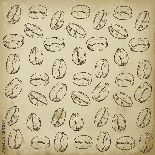 Organic coffee beans vector hand drawn pattern. Wrapping design with sketch illustration of coffee beans on oldered paper background.
