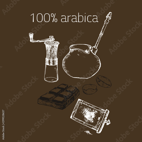 Coffee arabica vintage hand grinder, beans vector hand drawn poster. Design with sketch illustration of retro coffee objects, chocolate, 100% arabica.