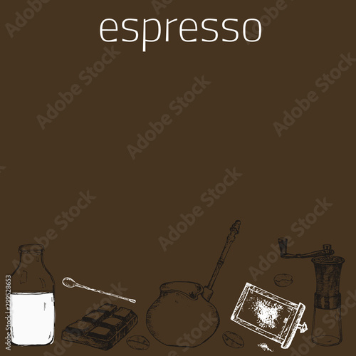 Coffee espresso and capuccino or latte hand grinder, coffee beans, milk and chocolate vector hand drawn poster. Design with sketch illustration of retro coffee objects.