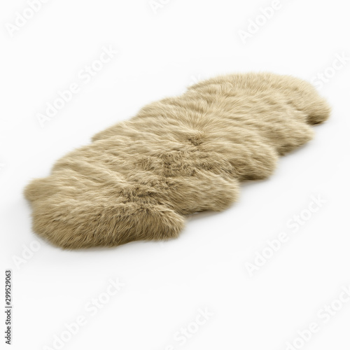 Skin of a sheepskin wool decor rug on a white background. 3D rendering