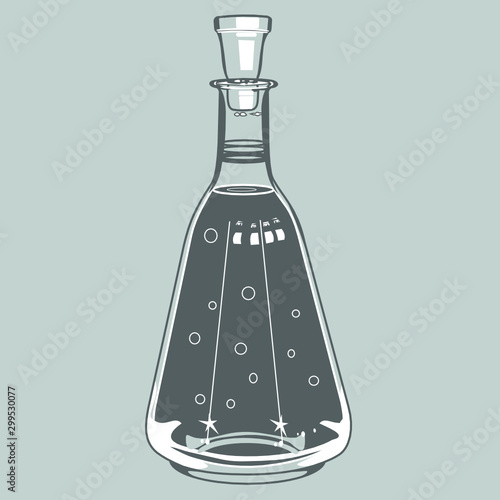 Glass transparent carafe with wine or juice, monochrome illustration in blue-gray tones in vintage style