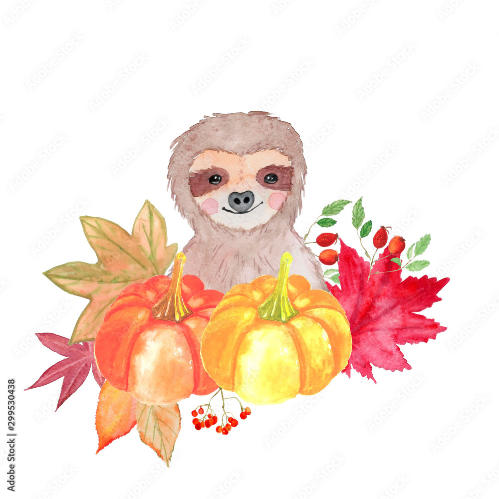 Obraz premium Watercolor cute sloth bear portrait with autumn style leaves, pumpkin, dogrose, orange berry. Design for postcard, kids, poster, wallpaper, wrapping paper, print