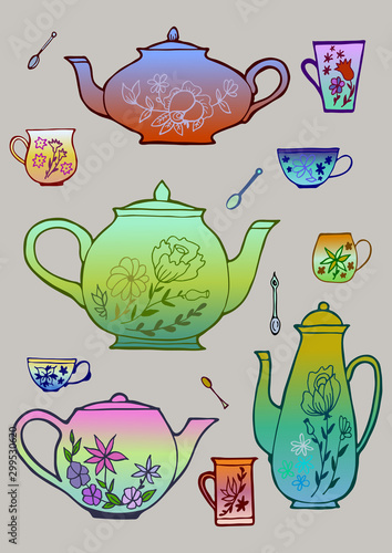 Teapots set vector illustration hand drawing tea drinking