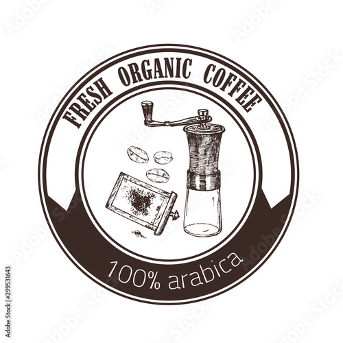 Coffee arabica vintage hand grinder, beans vector hand drawn emblem. Design with sketch illustration of organic coffee arabica. Logo or label.