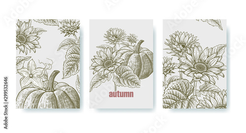 Sunflowers and pumpkin. Vintage style banners set.