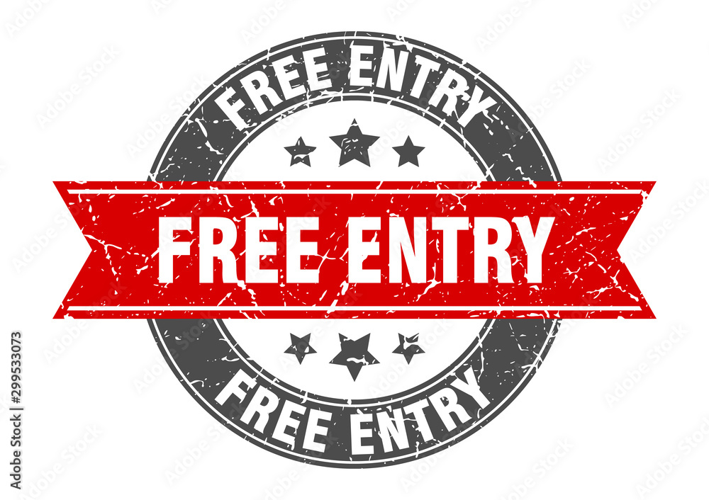 free entry round stamp with red ribbon. free entry
