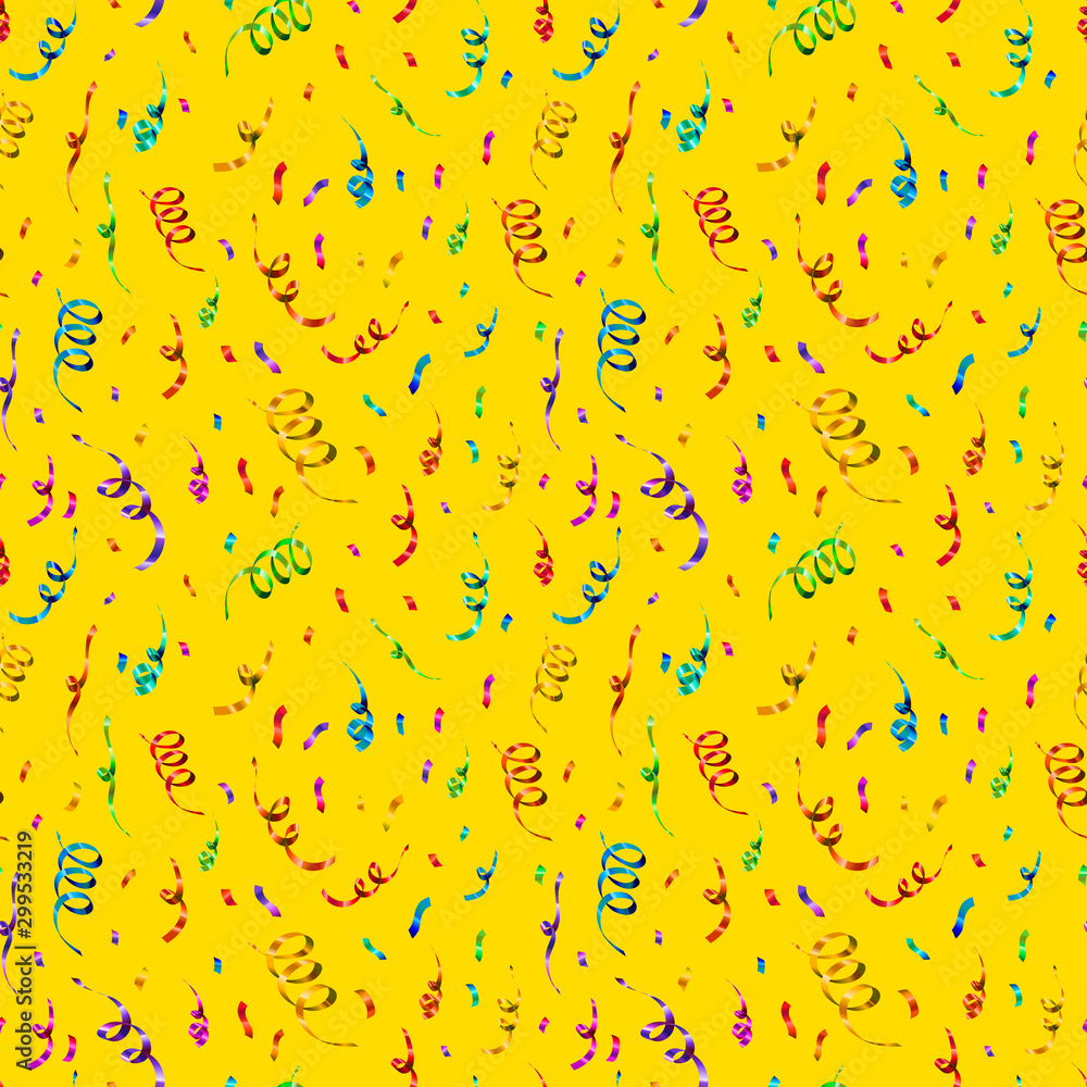 Bright colorful confetti and serpentine on yellow background, anniversary  party seamless pattern Stock Vector