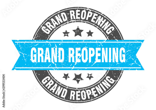 grand reopening round stamp with turquoise ribbon. grand reopening