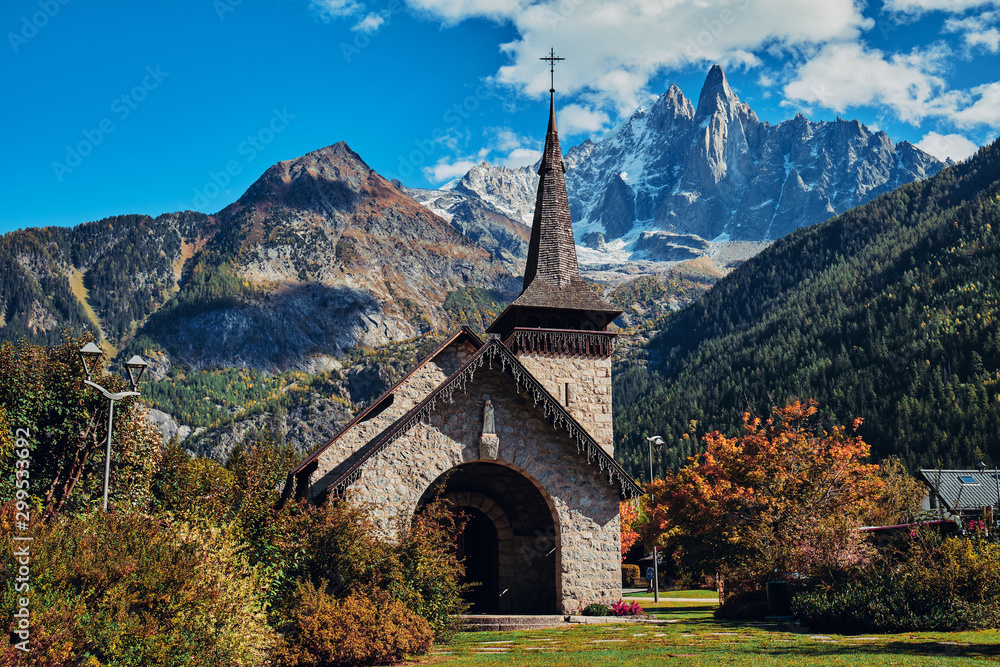 Les Praz Church in the Chamonix. Alps, France.