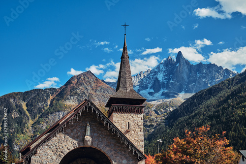 Old stone church in autumn. Chamonix Valley, Alps, France. photo